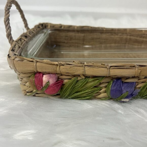 Vintage Pyrex Baking Dish & Woven Floral Casserole Travel/ Holder Basket Tray - Picture 10 of 10
